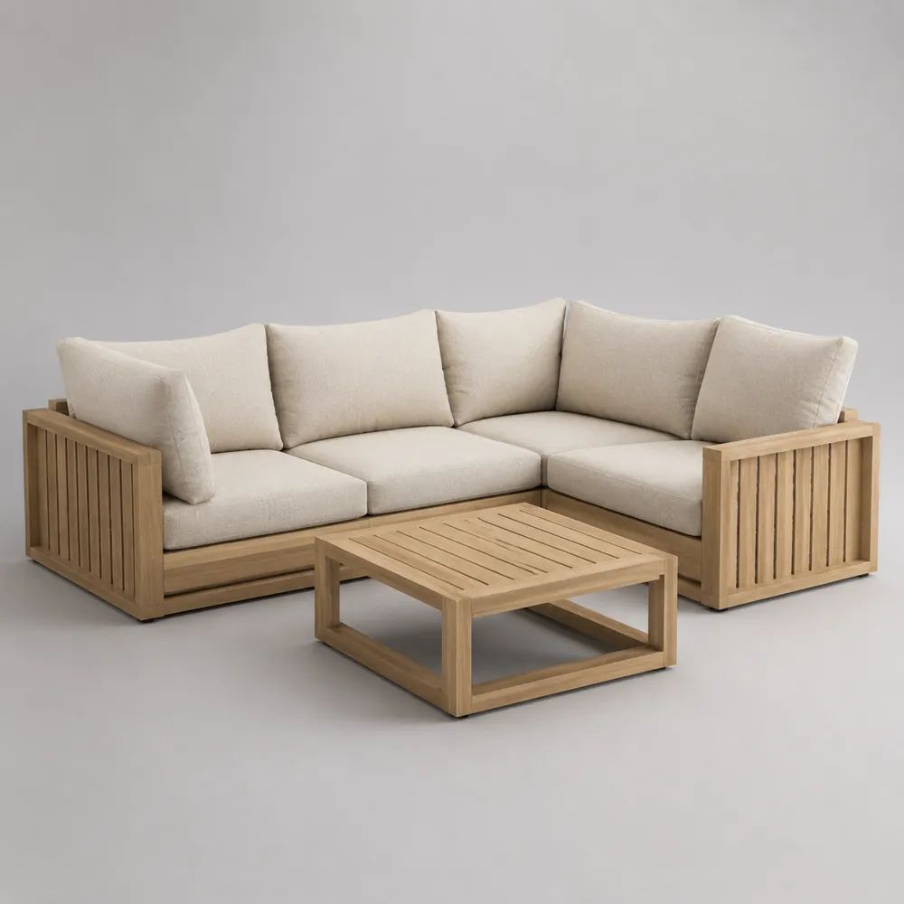 Salon de jardin d’angle extérieur 4 places en bois naturel avec coussins beiges, canapé 235 × 235 × 75 cm et table basse 90 × 70 × 38 cm