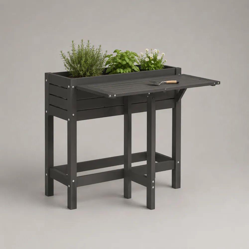 Jardinière surélevée rectangulaire en bois avec tablette de rempotage rabattable, anthracite, 90 x 45 x 100 cm