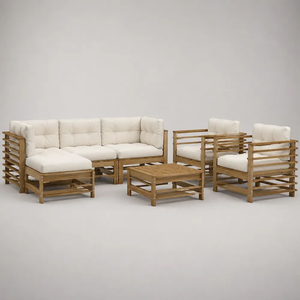 Salon de jardin extérieur 5 pièces en bois brun et tissu écru avec canapé 3 places 185 × 70 × 67 cm, 2 fauteuils, pouf et table basse 65 × 65 × 35 cm