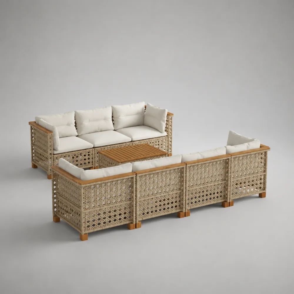 Salon de jardin modulable 8 pièces 7 places en corde beige et bois avec coussins écrus, modules d’angle 75 × 75 × 70 cm