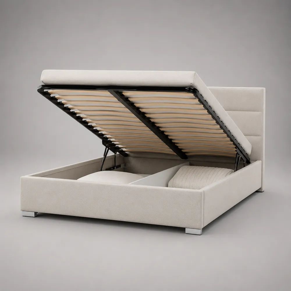 Lit coffre double rectangulaire en tissu avec tête de lit rembourrée et sommier relevable à lattes, couchage 160 x 200 cm, blanc cassé