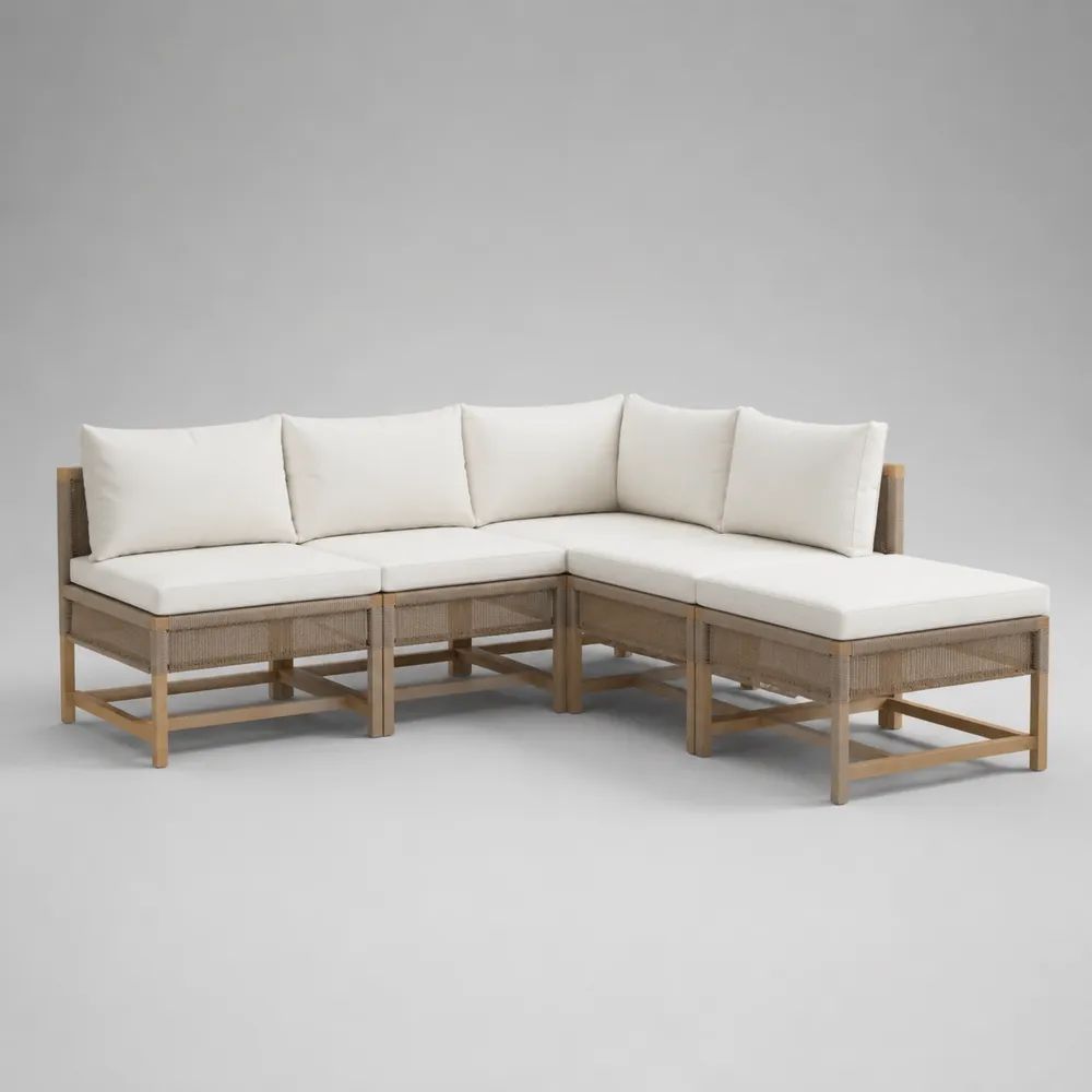 Canapé d’angle de jardin 5 places en acacia massif et corde en polypropylène, coussins écrus, 250 × 200 × 80 cm