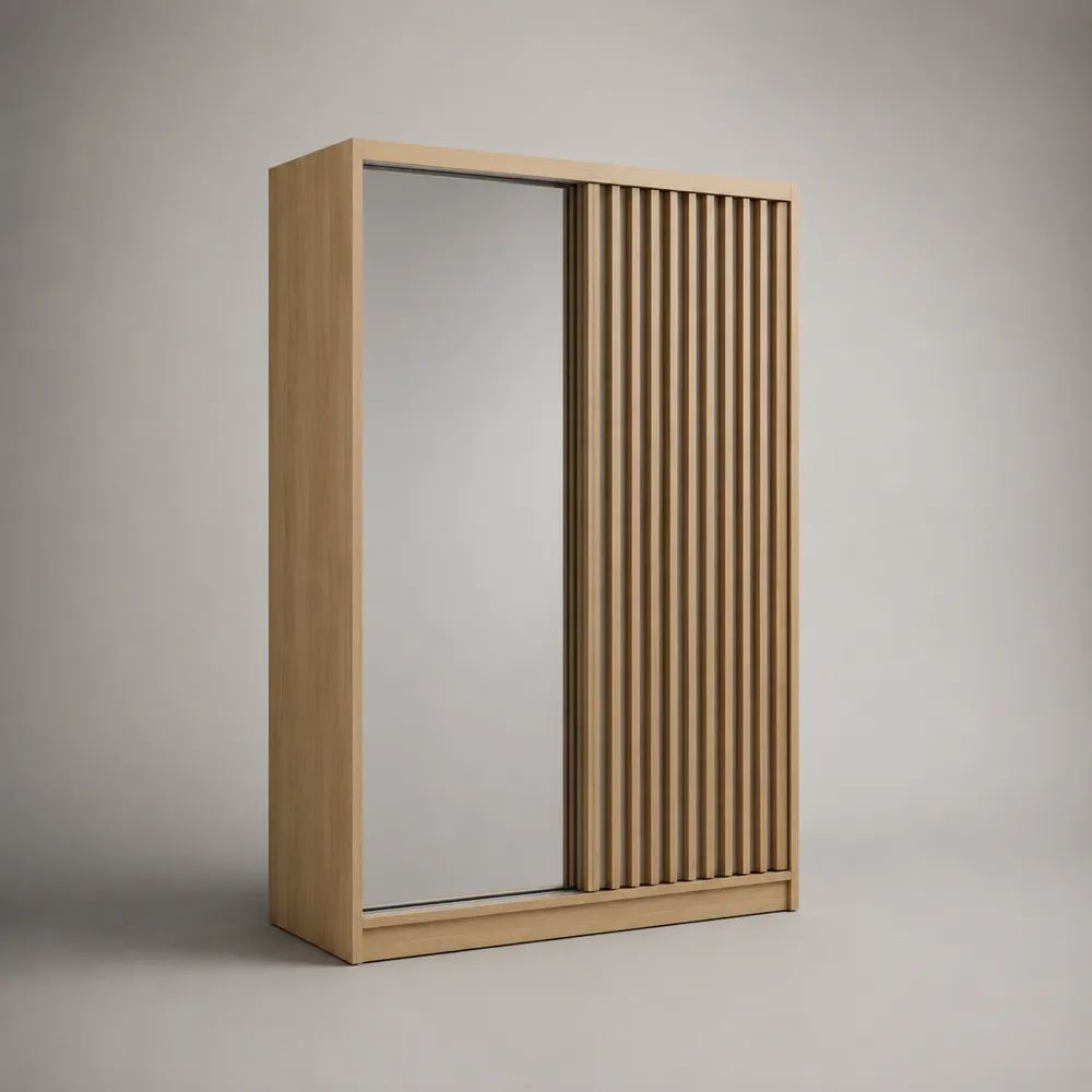 Armoire penderie en bois à 2 portes coulissantes avec miroir, chêne clair et argenté, 140 × 60 × 200 cm