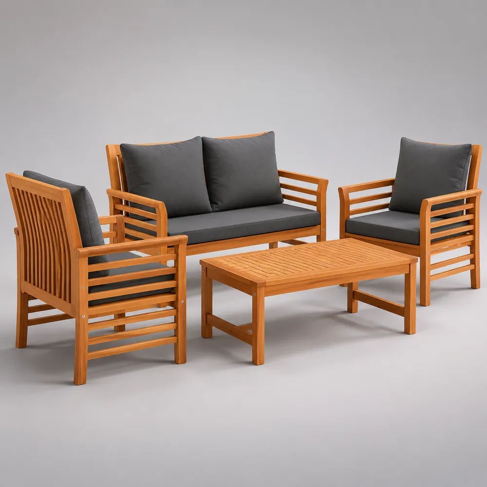 Salon de jardin extérieur 4 pièces en bois, bois naturel et gris anthracite, canapé 126 x 70 x 78 cm, fauteuils 67 x 70 x 78 cm, table 100 x 55 x 42 cm