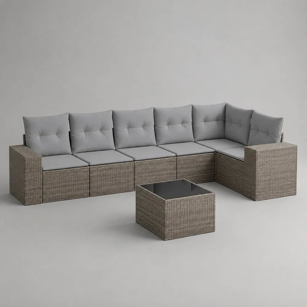Salon de jardin d’angle modulable 7 places en résine tressée et métal avec table basse, gris taupe et gris clair, 300 x 210 x 85 cm
