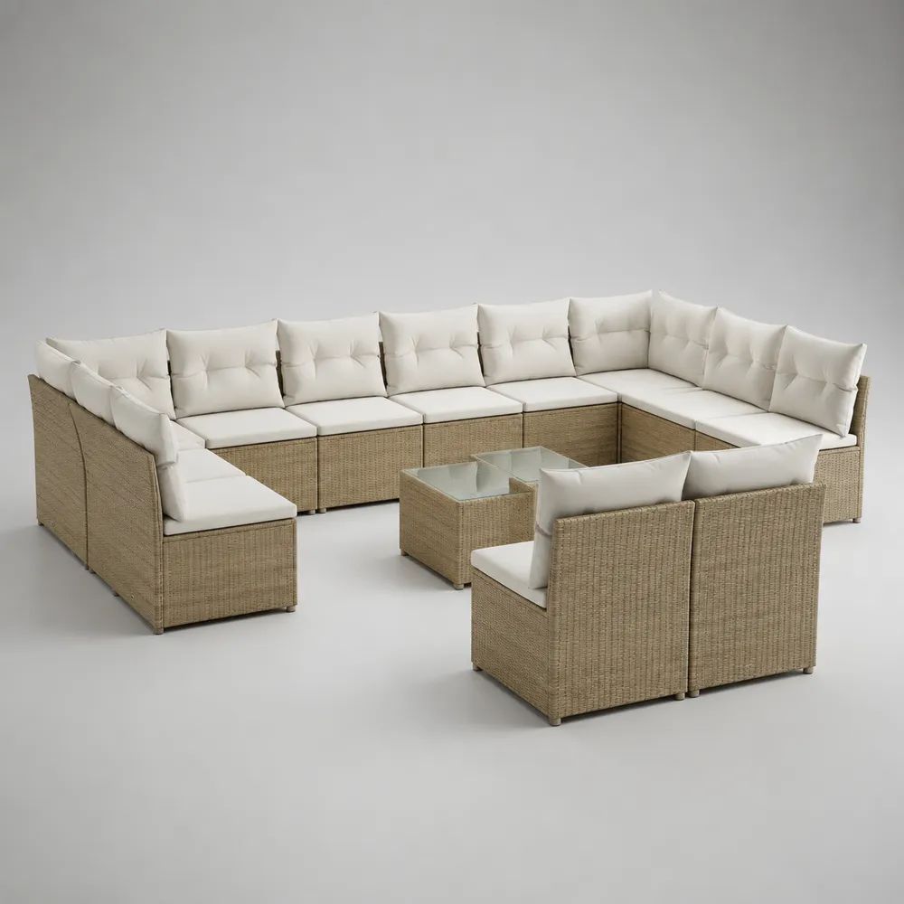Salon de jardin extérieur modulable 14 pièces, 12 places, en résine tressée beige et tissu écru, avec 2 tables en verre, 320 x 260 x 72 cm