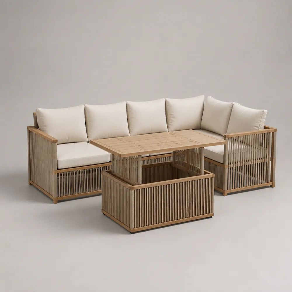 Canapé d’angle de jardin 6 places avec table relevable en aluminium, corde PE et acacia, beige naturel et écru, 218 x 218 x 74 cm