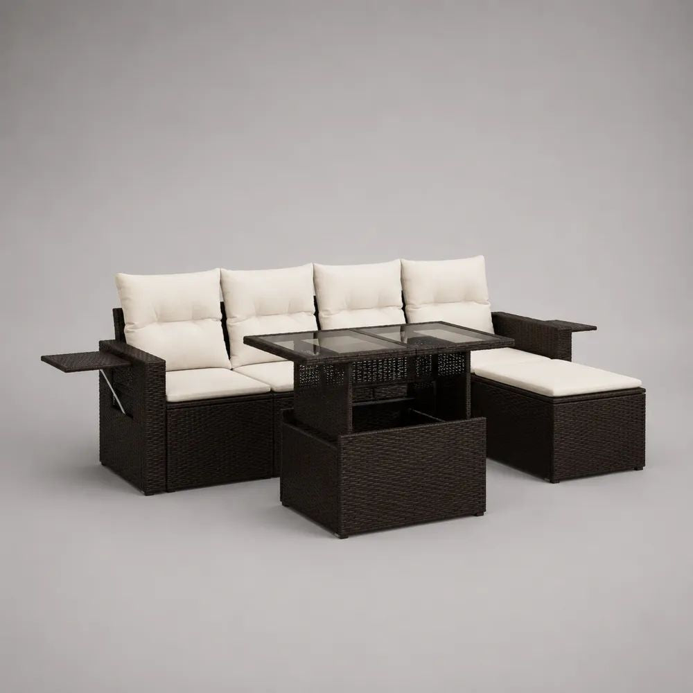 Salon de jardin extérieur 4 pièces en résine tressée marron, canapé 4 places, table, banc et pouf avec coussins crème, 226 × 180 × 79 cm