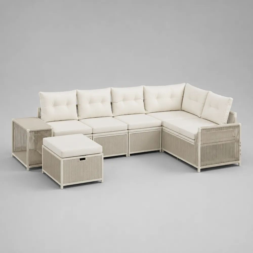 Salon de jardin extérieur modulable 5 places avec canapé d’angle et pouf coffre en acier et polyéthylène tressé beige clair et écru, 250 x 190 x 82 cm