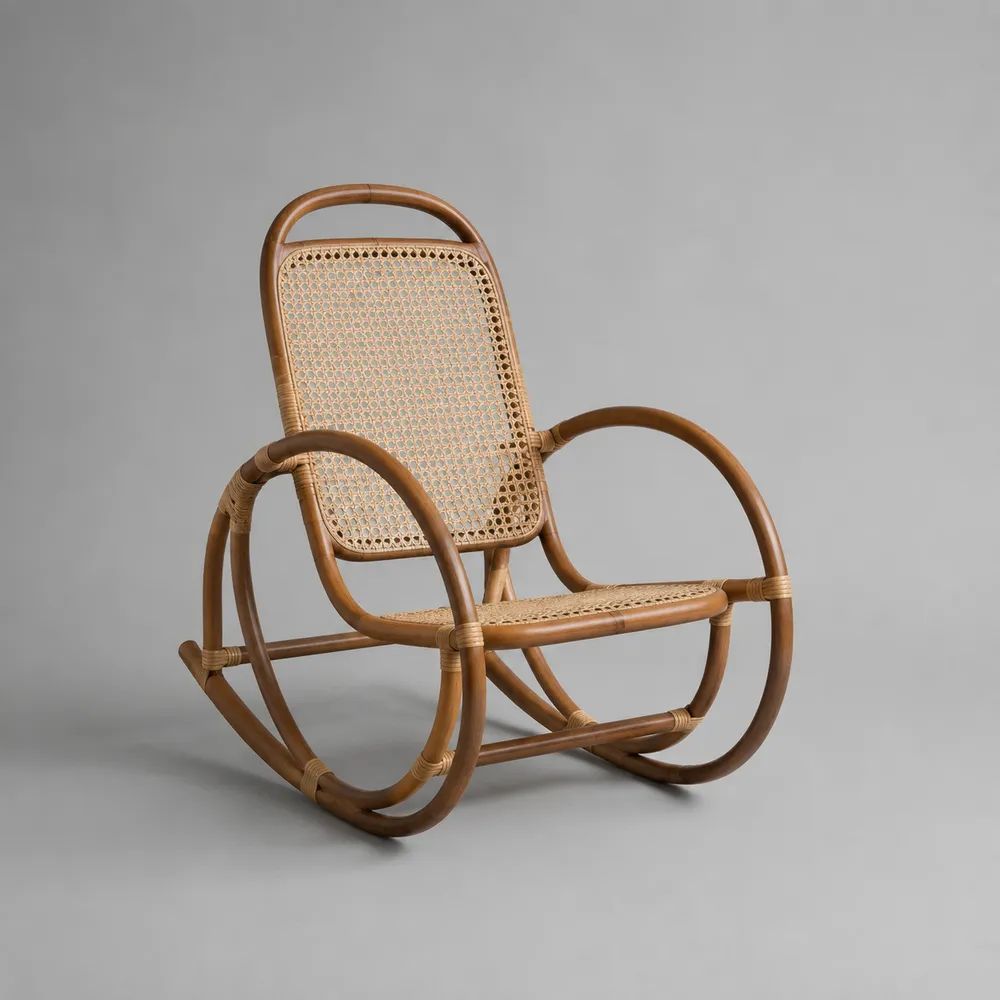 Fauteuil à bascule en rotin naturel avec cannage tressé brun et beige, 60 × 100 × 105 cm