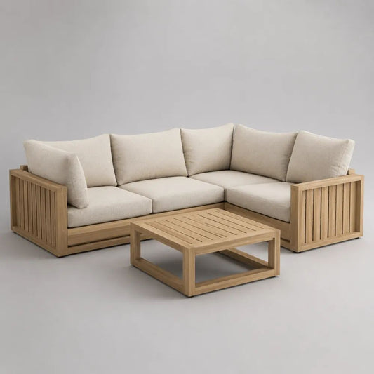 Salon de jardin d’angle extérieur 4 places en bois naturel avec coussins beiges, canapé 235 × 235 × 75 cm et table basse 90 × 70 × 38 cm
