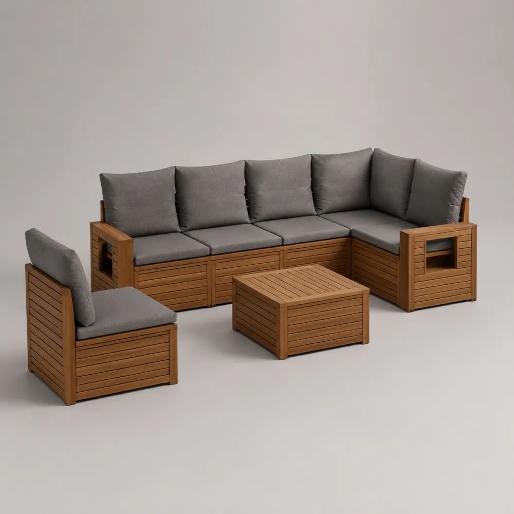 Salon de jardin en bois 3 pièces 5 places avec canapé d’angle, fauteuil et table basse, brun naturel et gris, 238 × 178 × 76 cm