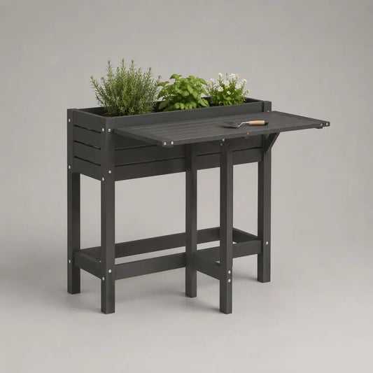 Jardinière surélevée rectangulaire en bois avec tablette de rempotage rabattable, anthracite, 90 x 45 x 100 cm