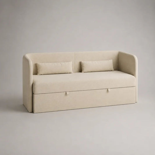 Lit banquette rembourré 90 x 200 cm en tissu bouclé beige, 215 x 105 x 90 cm, avec 2 tiroirs et 2 coussins