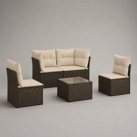 Salon de jardin 4 pièces en résine tressée marron avec coussins crème, canapé 112 x 60 x 82 cm, 2 fauteuils 56 x 60 x 82 cm et table basse 59 x 59 x 35 cm