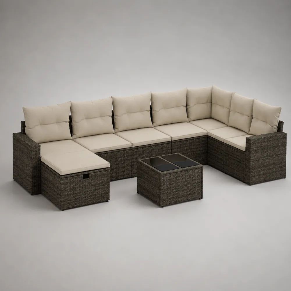 Salon de jardin d’angle modulable 7 places avec méridienne coffre et table basse en résine tressée, gris foncé, beige et noir, 300 × 210 × 74 cm
