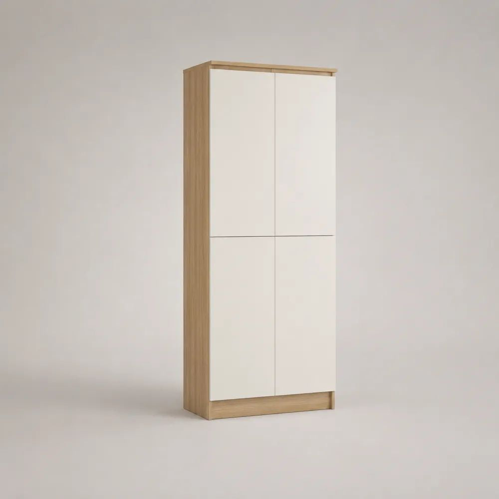 Armoire rectangulaire à 4 portes en panneaux de particules, blanc et chêne clair, 80 × 50 × 180 cm