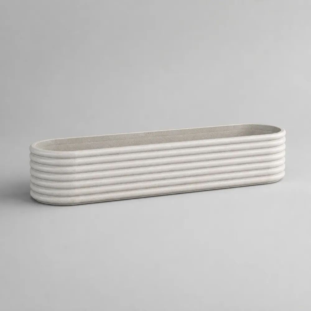 Jardinière rectangulaire en grès cérame blanc cassé à relief annelé, 60 × 18 × 16 cm