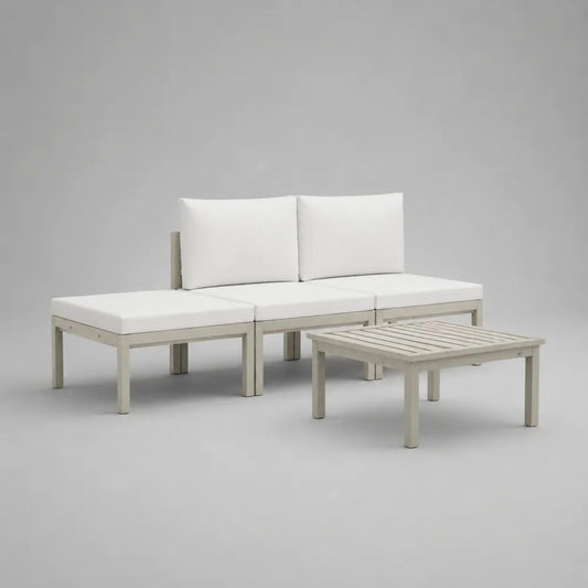 Salon de jardin modulable 4 pièces en aluminium beige avec coussins blancs, canapé 3 places 195 × 70 × 75 cm et table basse 80 × 60 × 38 cm
