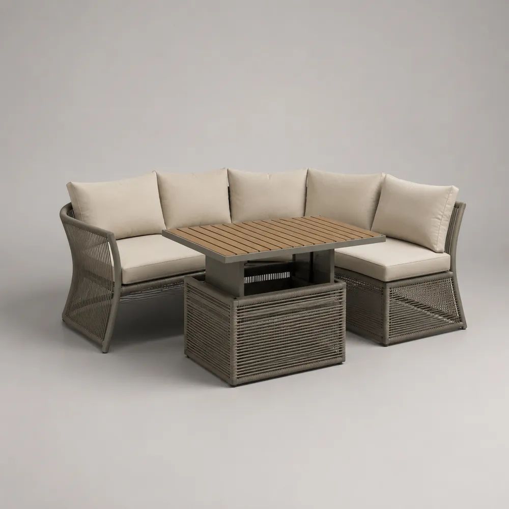 Salon de jardin d’angle extérieur 5 places, ensemble 3 pièces en aluminium et corde tressée taupe avec coussins beiges, table 120 × 70 cm