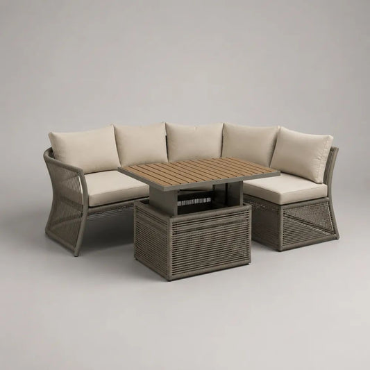 Salon de jardin d’angle extérieur 5 places, ensemble 3 pièces en aluminium et corde tressée taupe avec coussins beiges, table 120 × 70 cm