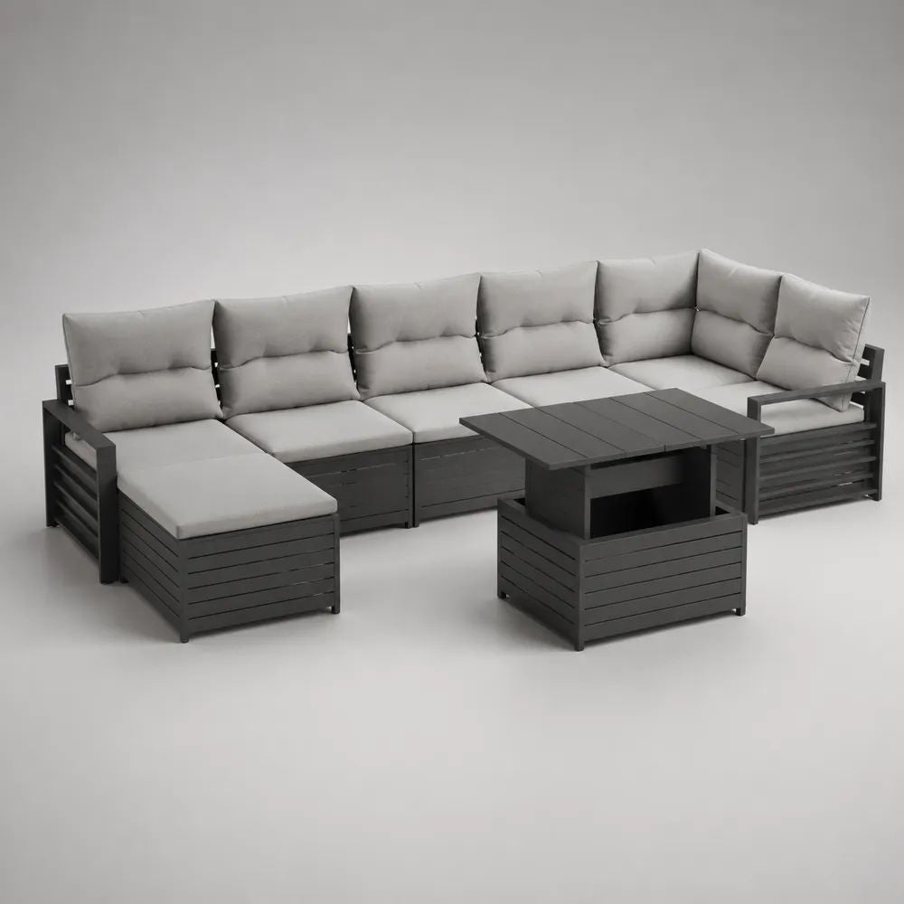 Salon de jardin modulable 8 pièces, canapé en U 6 places en aluminium anthracite avec coussins gris clair et table relevable, 285 x 205 x 74 cm