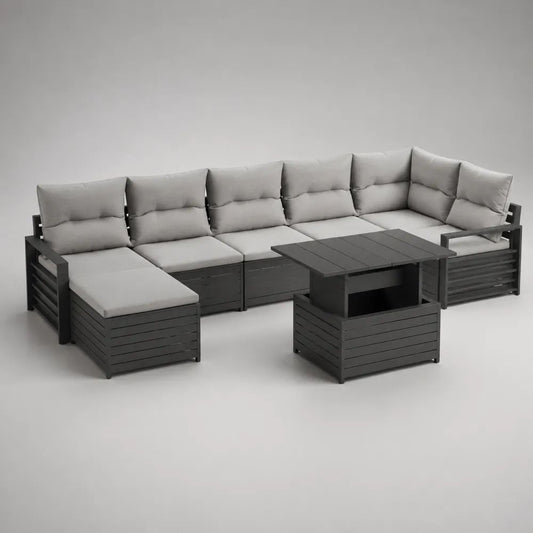 Salon de jardin modulable 8 pièces, canapé en U 6 places en aluminium anthracite avec coussins gris clair et table relevable, 285 x 205 x 74 cm