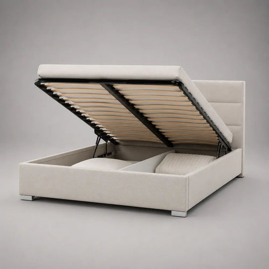 Lit coffre double rectangulaire en tissu avec tête de lit rembourrée et sommier relevable à lattes, couchage 160 x 200 cm, blanc cassé