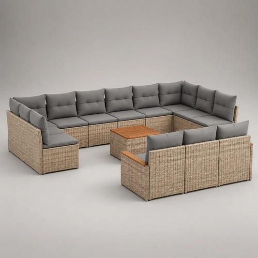 Salon de jardin modulable en U 14 pièces, 13 places, en résine tressée PE et acier, avec coussins gris et table, 355 × 280 × 68 cm