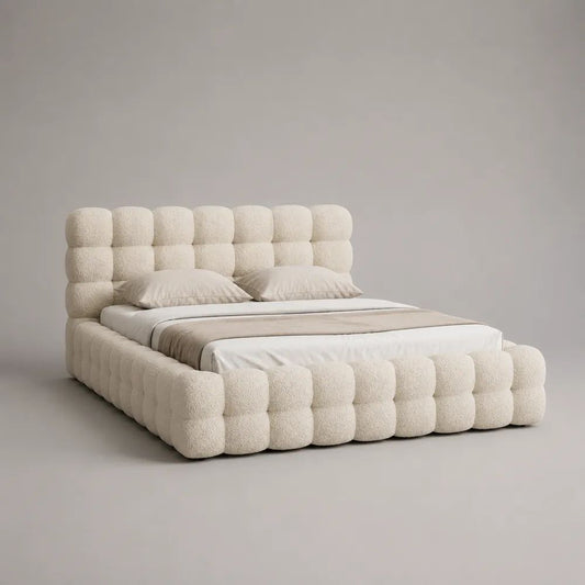 Lit coffre double 160 × 200 cm en bouclette polyester rembourrée crème avec tête de lit capitonnée, 230 × 190 × 120 cm