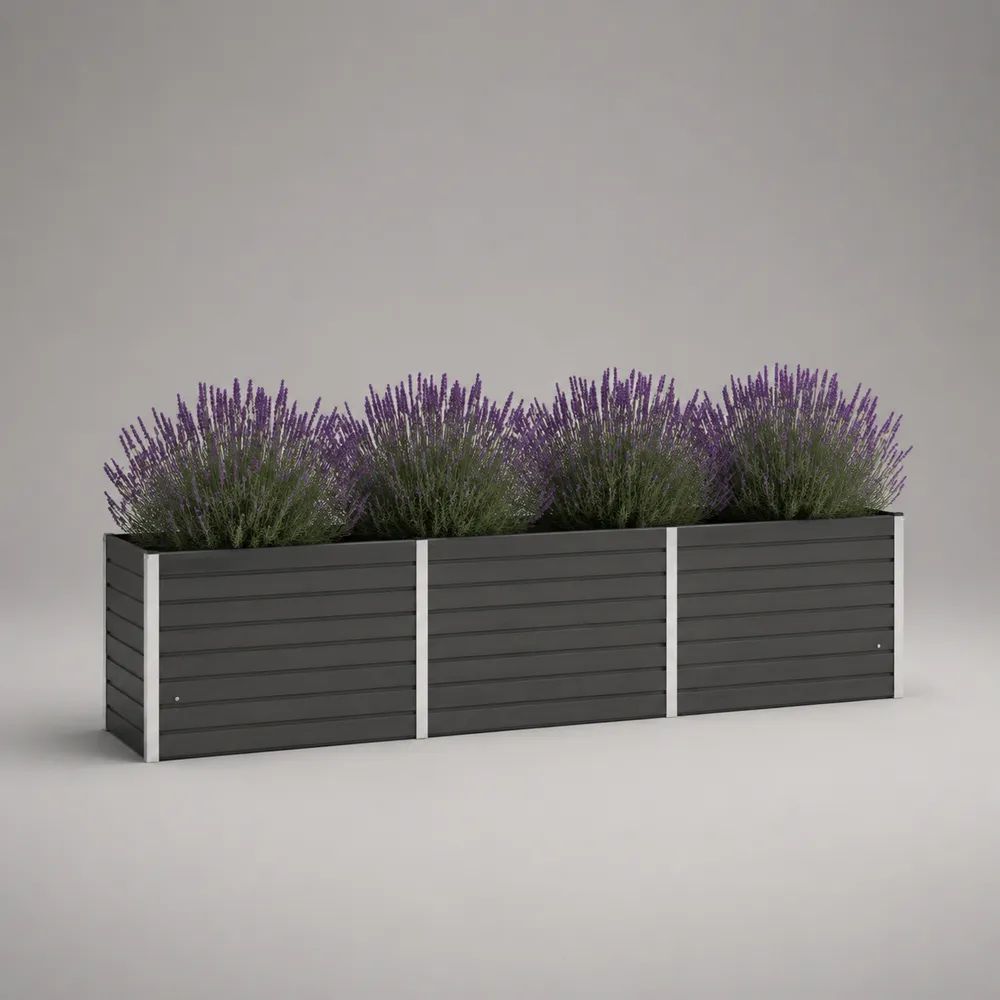 Bac potager surélevé rectangulaire en acier galvanisé anthracite et argent, 200 × 50 × 50 cm