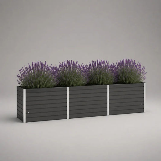 Bac potager surélevé rectangulaire en acier galvanisé anthracite et argent, 200 × 50 × 50 cm