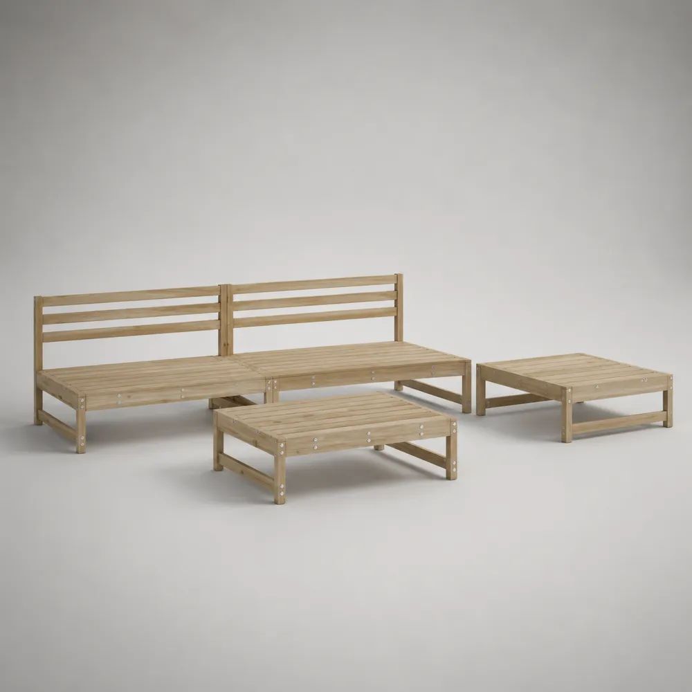 Salon de jardin modulable 4 pièces en pin massif imprégné brun naturel, canapé 120 × 70 × 66 cm et 2 repose-pieds 60 × 60 × 37 cm
