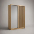 Armoire penderie en bois à 2 portes coulissantes avec miroir, chêne clair et argenté, 140 × 60 × 200 cm