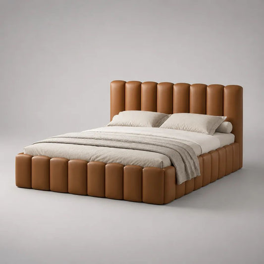 Lit coffre double 160 x 200 cm en similicuir brun caramel avec tête de lit cannelée, dimensions 220 x 190 x 120 cm