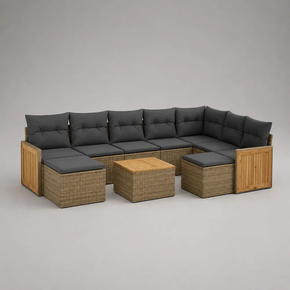 Ensemble salon de jardin d’angle modulable 8 places avec 2 poufs et table basse en résine tressée PE et bambou, gris anthracite, 245 × 245 × 72 cm
