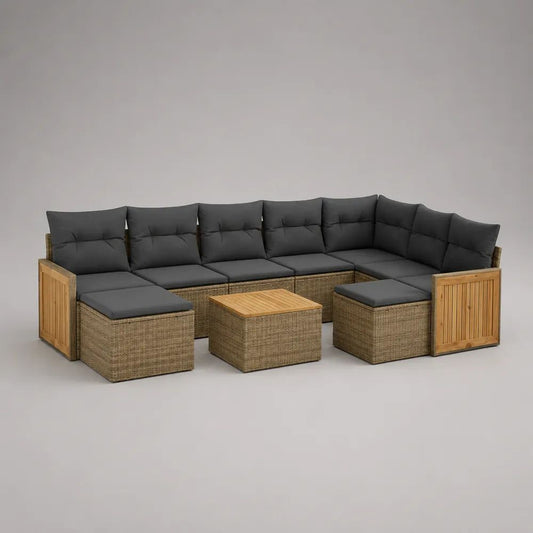 Ensemble salon de jardin d’angle modulable 8 places avec 2 poufs et table basse en résine tressée PE et bambou, gris anthracite, 245 × 245 × 72 cm