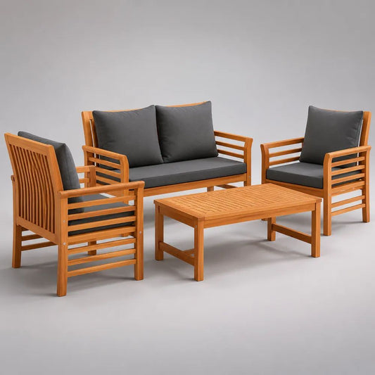 Salon de jardin extérieur 4 pièces en bois, bois naturel et gris anthracite, canapé 126 x 70 x 78 cm, fauteuils 67 x 70 x 78 cm, table 100 x 55 x 42 cm