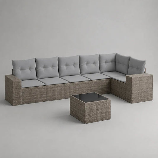 Salon de jardin d’angle modulable 7 places en résine tressée et métal avec table basse, gris taupe et gris clair, 300 x 210 x 85 cm
