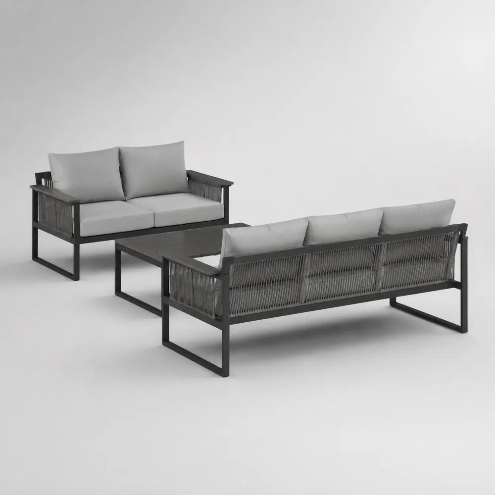 Salon de jardin 5 places 3 pièces en acier et corde polyester gris avec coussins et table basse, canapé 3 places 190 × 78 × 75 cm