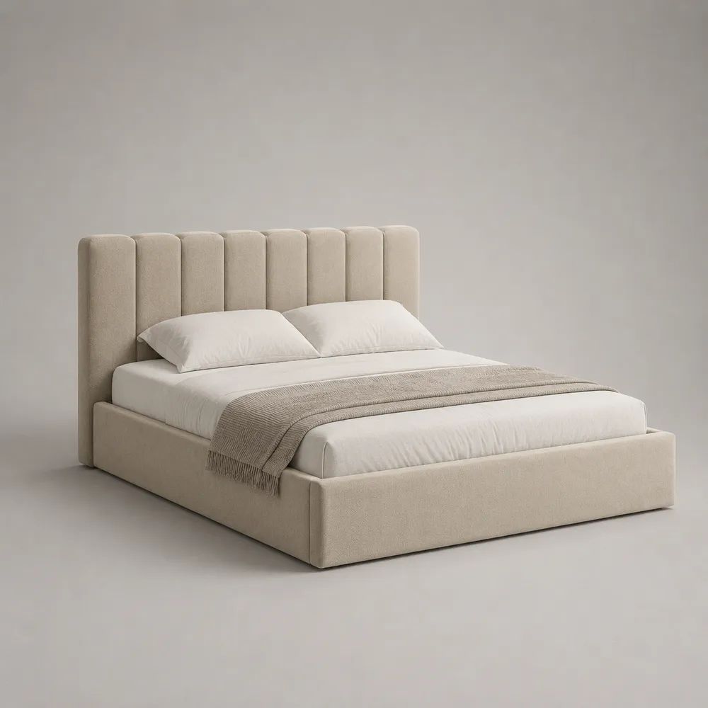 Lit coffre double 160 x 200 cm en tissu bouclé beige crème avec tête de lit rembourrée