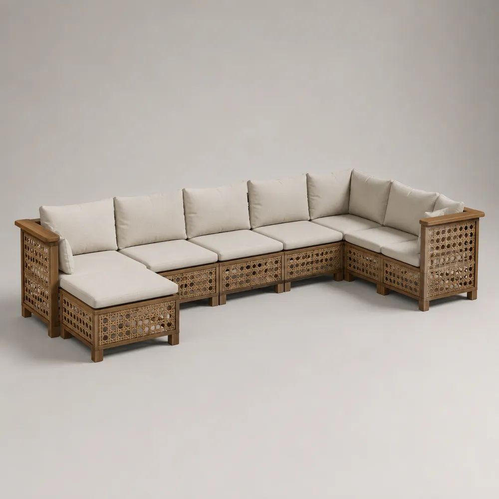Ensemble canapé de jardin d’angle modulable 6 places en bois et résine tressée, marron naturel et beige, 360 × 160 × 82 cm