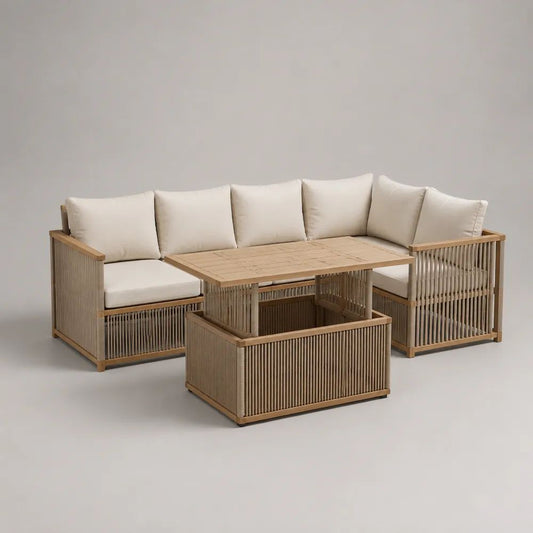 Canapé d’angle de jardin 6 places avec table relevable en aluminium, corde PE et acacia, beige naturel et écru, 218 x 218 x 74 cm