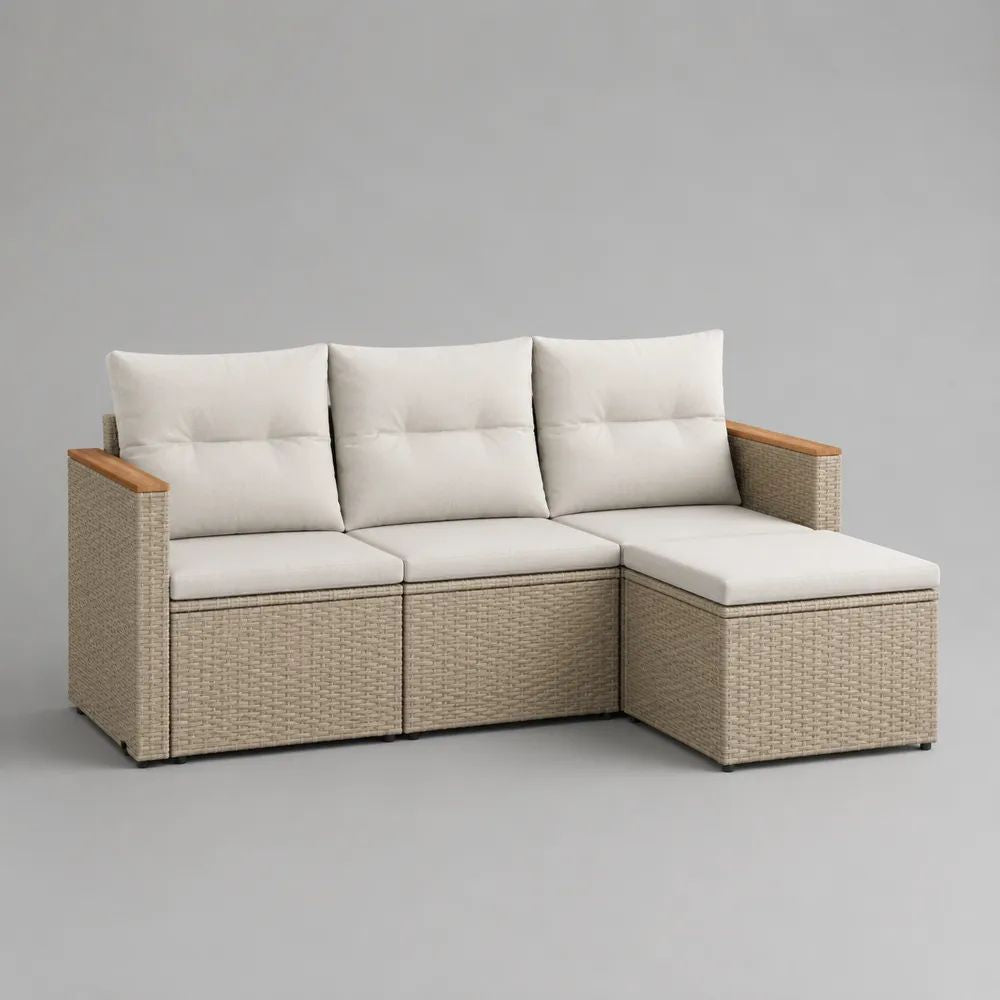 Canapé de jardin modulable 3 places en résine tressée beige avec méridienne et coussins écrus, 197 × 132 × 83 cm