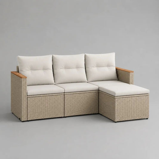 Canapé de jardin modulable 3 places en résine tressée beige avec méridienne et coussins écrus, 197 × 132 × 83 cm
