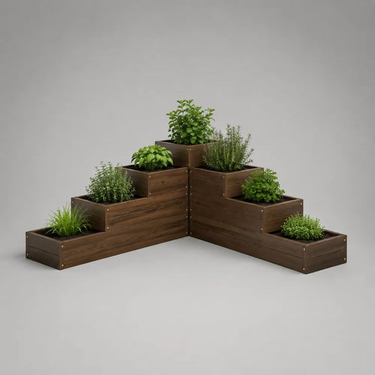 Jardinière surélevée d’extérieur en L à 7 bacs en bois marron foncé, 160 x 160 x 90 cm