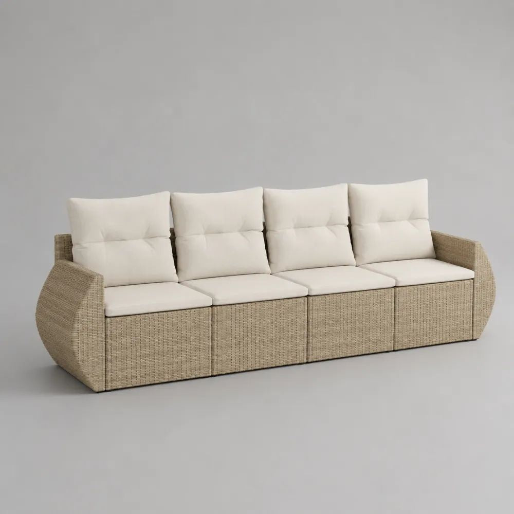 Canapé de jardin droit 4 places en résine tressée beige avec coussins crème, 275 × 85 × 85 cm