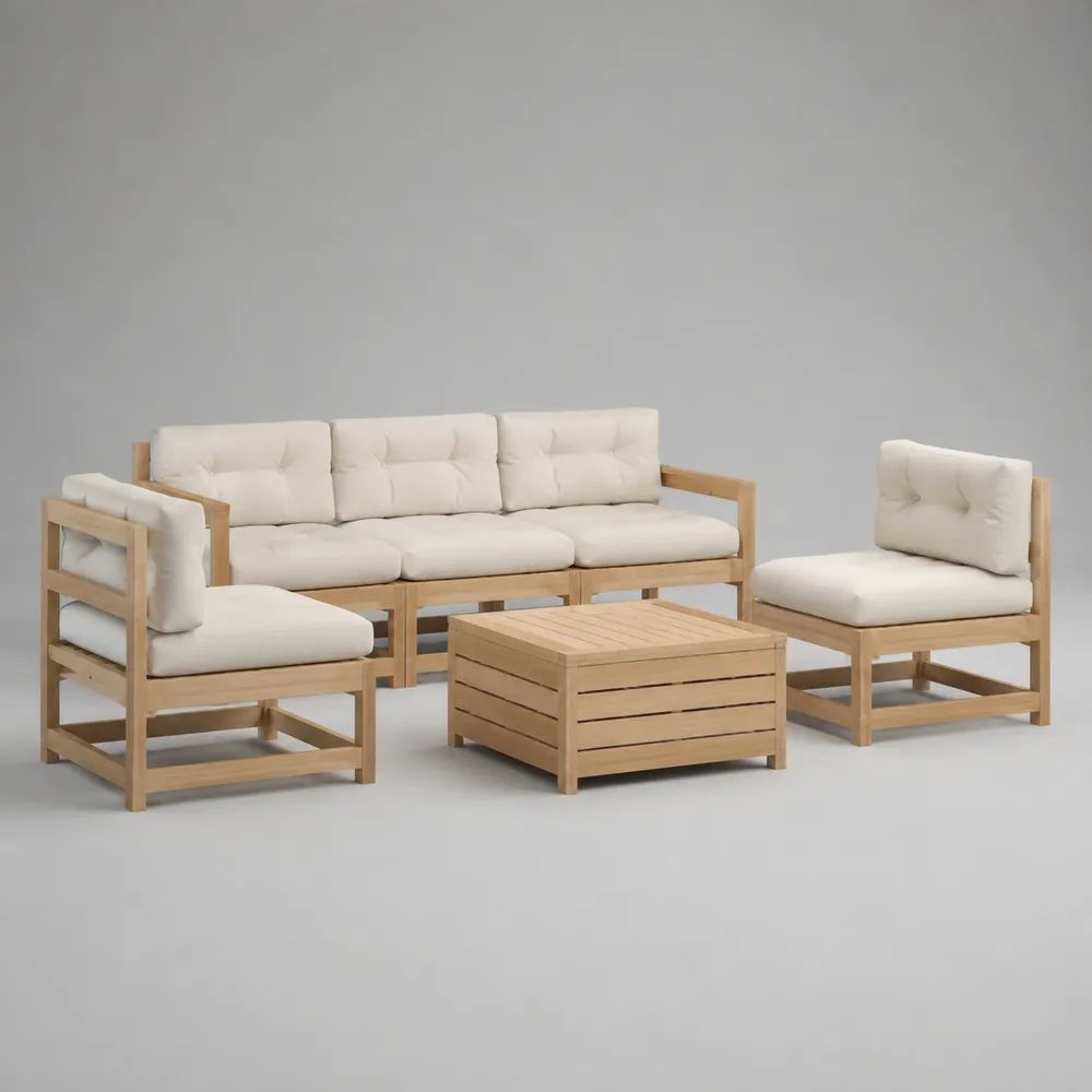Salon de jardin extérieur 4 pièces en bois d’acacia massif, bois naturel et coussins écrus – canapé 3 places 190 × 76 × 74 cm, 2 fauteuils 72 × 76 × 74 cm, table basse 75 × 75 × 40 cm