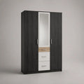 Armoire penderie en bois à 2 portes avec miroir et 3 tiroirs, noir, blanc et chêne naturel, 120 × 52 × 190 cm