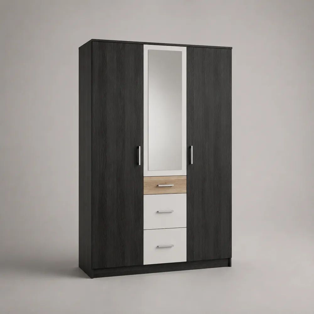 Armoire penderie en bois à 2 portes avec miroir et 3 tiroirs, noir, blanc et chêne naturel, 120 × 52 × 190 cm